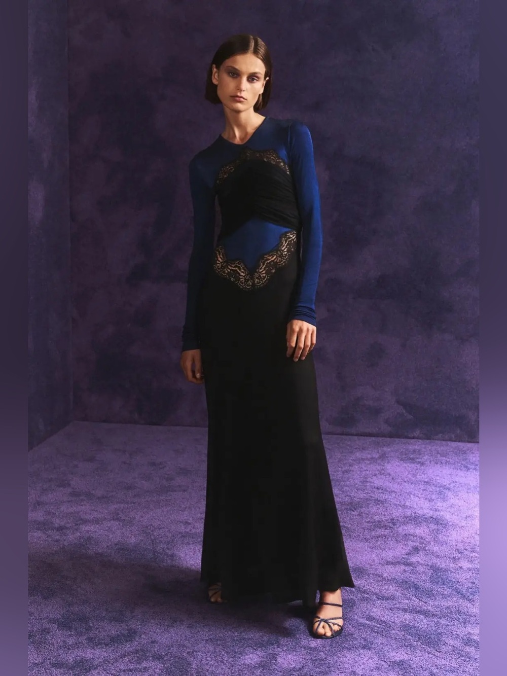NWOT Christopher Esber Blue Verner Panelled Ruched Silk Lace Maxi Dress